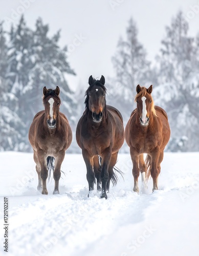 Three horses in a snowy field