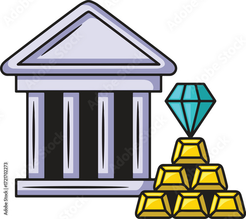 A cartoon image of a bank building with gold bars and a diamond