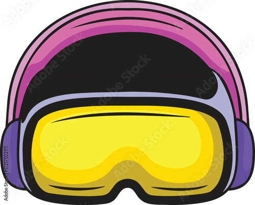 A cartoon illustration of purple ski goggles with a black and pink headband