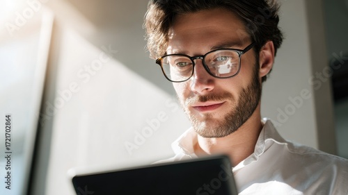 A young creative professional stands in a bright office with a tablet in his hands and a blank black screen.