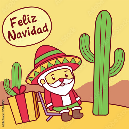 Cartoon Santa wearing a sombrero sits beside a cactus with Feliz Navidad text