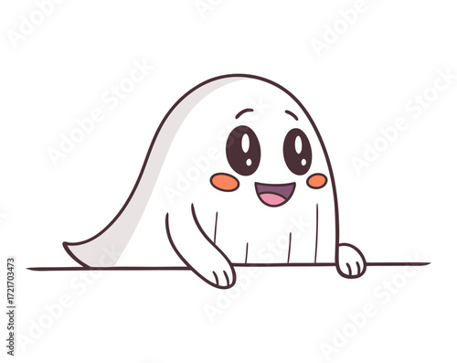 A cute and friendly cartoon ghost character peeking over a horizontal border. Adorable smiling spook for Halloween, isolated on a white background