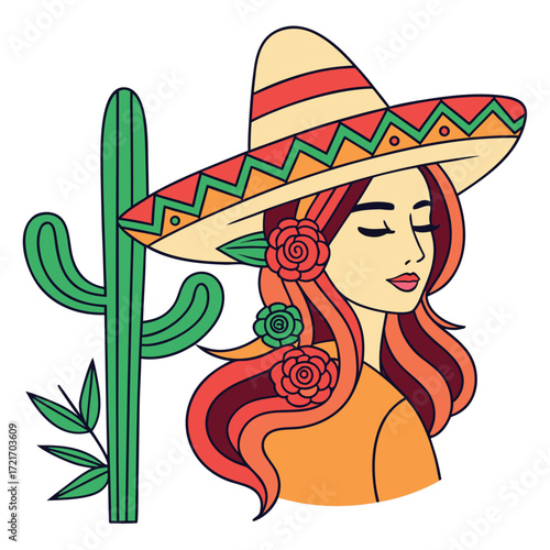 Attractive woman wearing sombrero with flowers beside green cactus with transparent background