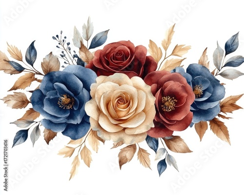 Fototapeta Naklejka Na Ścianę i Meble -  Elegant watercolor roses in blue, red and cream hues with brown leaves. Perfect for wedding invitation, or for thank you card designs.
