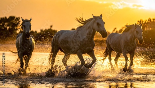 Three horses running through shallow water at golden sunset