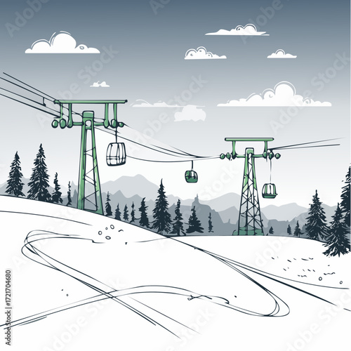 monoline minimal ski slope illustration with continuous ink line ideal for modern greeting cards and branding