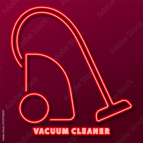 vacuum cleaner neon sign, modern glowing banner design, colorful modern design trends. Vector illustration.