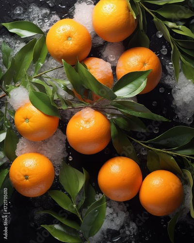 Bright orange tangerines with green foliage lie against a black background amidst snow. A creative vertical sales concept for a New Year's campaign