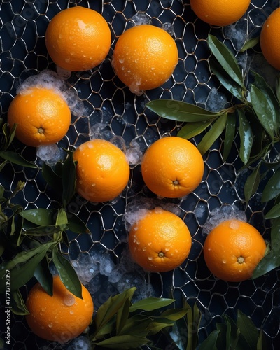 Bright orange tangerines with green foliage lie against a black background amidst snow. A creative vertical sales concept for a New Year's campaign
