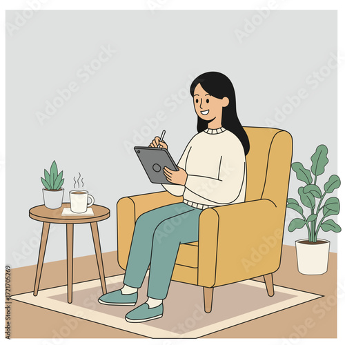 Flat illustration of woman sitting on chair with tablet, digital drawing and creative freelance work at home.