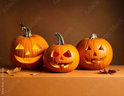 Three jack-o'-lanterns on a tan surface