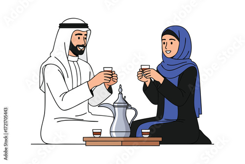 Arab couple enjoying traditional coffee together in a cultural setting indoors