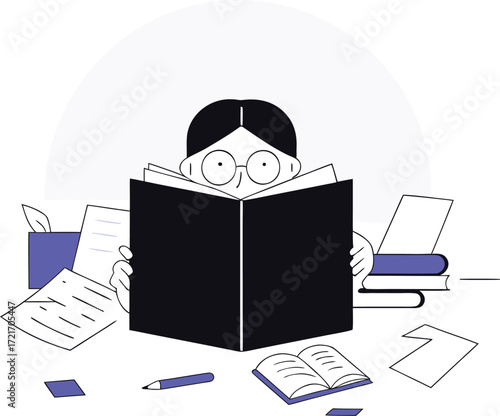 A person wearing glasses reads a large book surrounded by study materials
