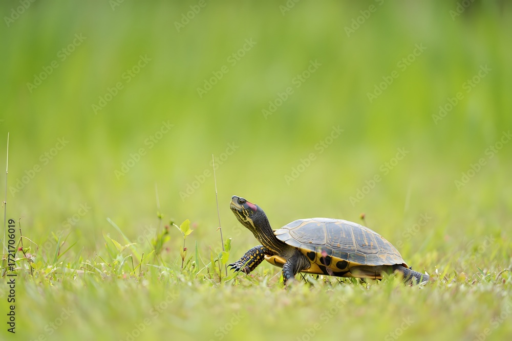 Fototapeta premium photograph of a Japanese pond turtle resting calmly on a natural stone surface surrounded by soft grass.