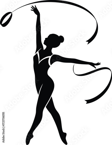 Silhouette of rhythmic gymnast performing with ribbon vector art design art
