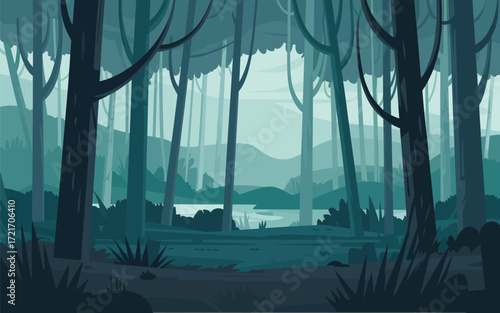 Scenic forest landscape illustration with trees and lake in a teal color scheme