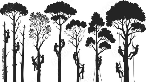 Arborists at work trimming trees, silhouetted tree climbers, forest maintenance, professional tree care, outdoor landscaping, safety gear, climbing equipment, urban forestry, tree pruning