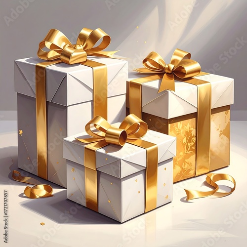 Three white gift boxes with gold ribbons