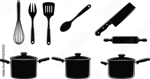 Kitchen utensils, cooking tools, cookware silhouettes, whisk, spatula, spoon, cleaver, rolling pin, pots, black icons, culinary equipment, vector illustration