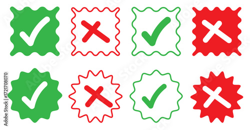 Checkmark in circle, square icon set. True or false, right or wrong sign vector. Tick mark button of correct or wrong way sticker. 