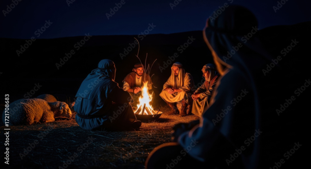 © Светлана Воротняк - Group of men shepherds sitting around a campfire at night, protecting sheep. Christmas Bethlehem night in biblical times.