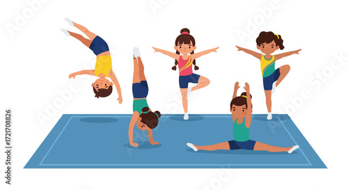 Young female gymnasts performing various acrobatic and balancing exercises on a blue mat, isolated vector illustration set