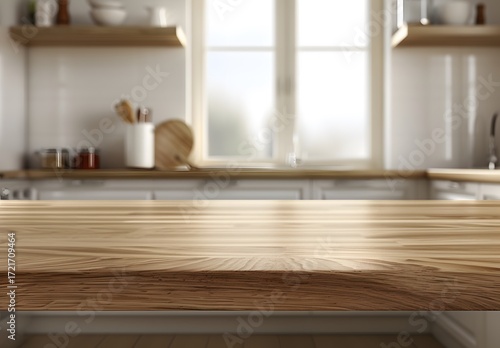 empty wooden table top in luxury home kitchen for food and kitchen appliance cooking equipment product display dais pedestal platform mockup background banner
