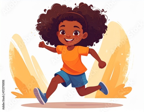 Happy young child with curly hair running joyfully