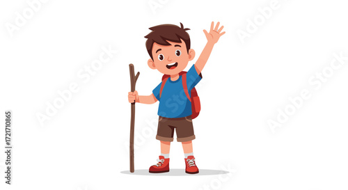 Happy Boy Hiking Adventure Begins with a Stick and Backpack