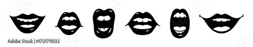 Lips and mouth in scream and smile. Cartoon mouth collection.