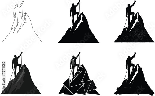 Mountain peak achievement, person holding flag, summit victory, outdoor adventure, success concept, dramatic landscape, abstract styles, perseverance, goal reached, climbing inspiration
