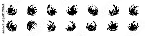 Water splashes set. Water design element, falling droplets silhouettes.