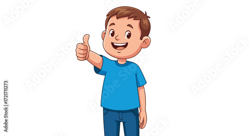 Happy young boy giving a thumbs-up gesture, showing approval and positivity with a smile