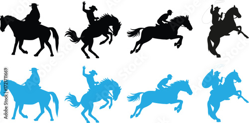 Cowboy Horse Silhouette Vector Illustration Rodeo, Ranch, Western, Equestrian, Horseback Riding, Jumping, Bucking Bronco, Black and Blue