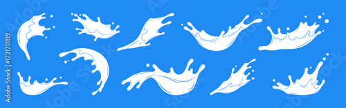 Milk splashes set. Milk design element, falling droplets silhouettes.