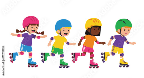 Cheerful Kids on Roller Skates in a Row A Fun and Active Illustration for EPS Use