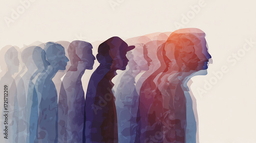 Surreal conceptual illustration of human silhouettes standing line blending into one another symbolizing conformity behavior and group dynamics in psychology no text clean background