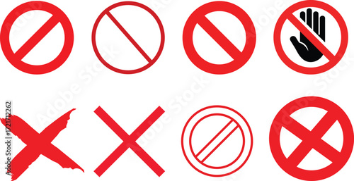 Prohibition Symbols Red Circle Cross X No Entry Stop Hand Graphic Design Elements
