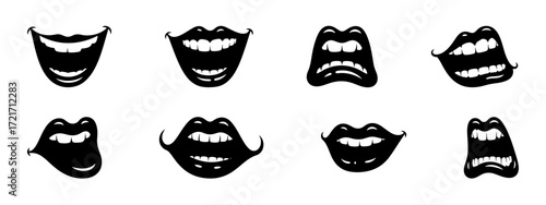 Lips and mouth in scream and smile. Cartoon mouth collection.