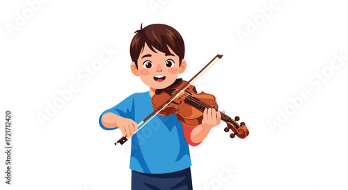 A happy young boy wearing a blue shirt, enthusiastically playing the violin with a smile on his face, captured in an illustration