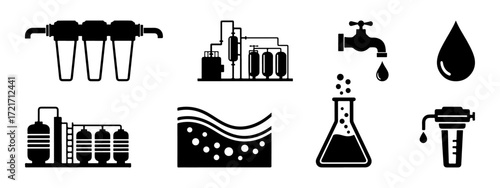 Water purification icon set. Refilling station purification system symbol collection.