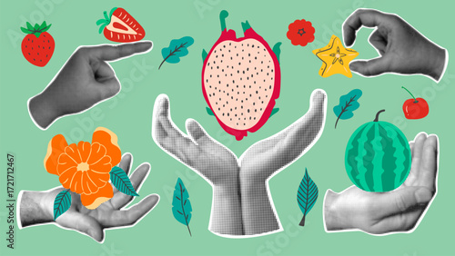 Contemporary art collage with various tropical fruits. Halftone hands in vintage style.