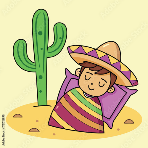 Cartoon Hispanic boy wearing sombrero and poncho sleeps near cactus on the ground