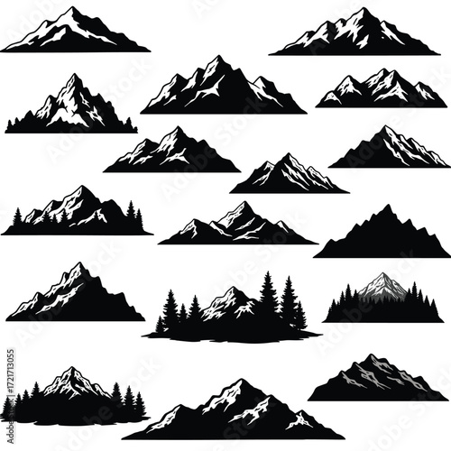 Set of vector nature silhouettes - mountains, trees, mountains and glaciers - design elements - mountain ranges, hills and forests