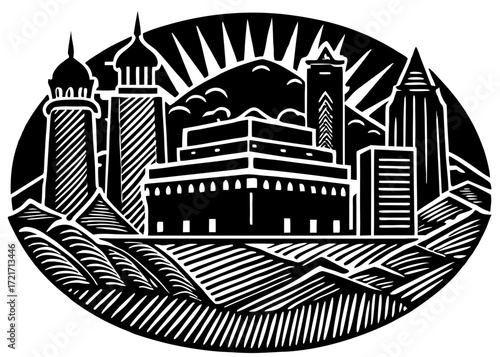 Mecca Skyline with Kaaba Silhouette, Islamic Holy City SVG, PNG