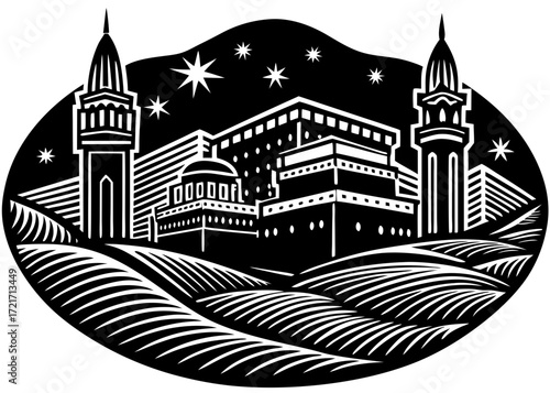 Mecca Skyline with Kaaba Silhouette, Islamic Holy City SVG, PNG