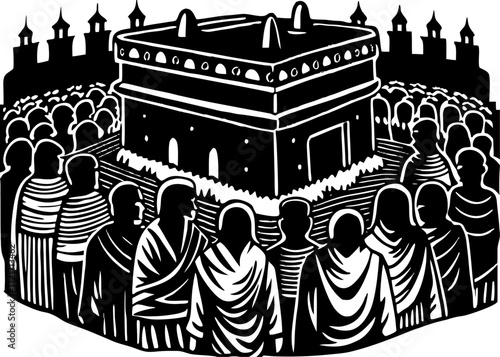 Pilgrims Around Kaaba Silhouette, Islamic Hajj Pilgrimage SVG, PNG