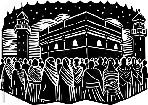 Pilgrims Around Kaaba Silhouette, Islamic Hajj Pilgrimage SVG, PNG