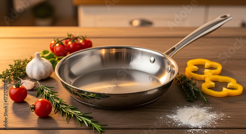 Fresh Cooking Ingredients with Frying Pan and Whisk on a Wooden Countertop