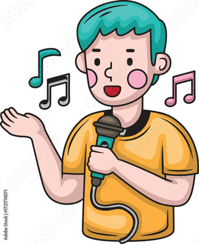 A person with turquoise hair sings into a microphone surrounded by musical notes